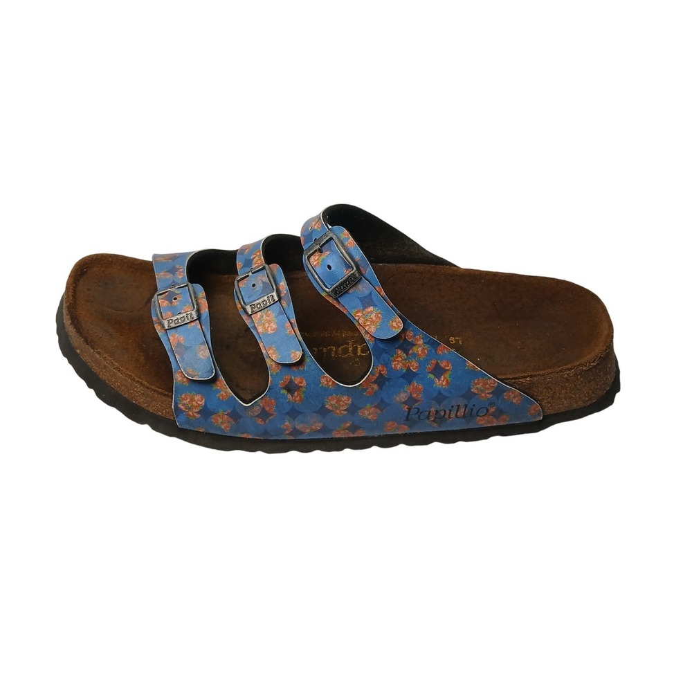 Papillio Florida Sandals Women 9 Blue Floral 3-Strap Buckle Cork Slide 40